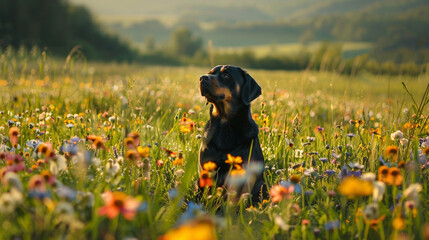 Rottweiler dog sitting in meadow field surrounded by vibrant wildflowers