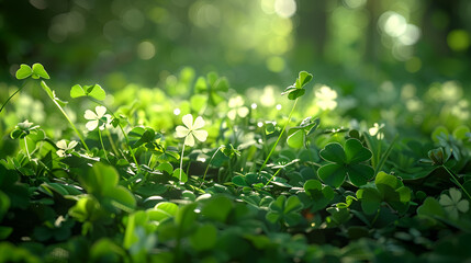 Green background with three-leaved shamrocks, Lucky Irish Four Leaf Clover in the Field for St. Patrick's Day holiday symbol. with three-leaved shamrocks, St. Patrick's day holiday, Generative Ai