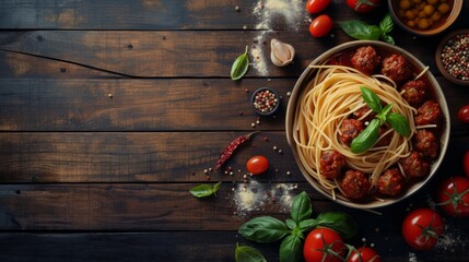 Spaghetti pasta with meatballs in homemade tomato sauce on wooden table - obrazy, fototapety, plakaty