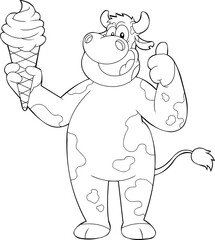 Outlined Cute Cow Cartoon Character Holding A Ice Cream And Giving The Thumbs Up. Vector Hand Drawn Illustration Isolated On Transparent Background