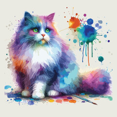 Fototapeta premium Cute sitting cat watercolor splash paint vibrant colors eps vector illustration on isolated background, Abstract digital art for logo, t-shirt design, posters, banners, greetings, sticker print design