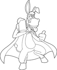 Outlined Drunk Donkey SuperHero Cartoon Character Holding A Beer And Giving The Thumbs Up. Vector Hand Drawn Illustration Isolated On Transparent Background