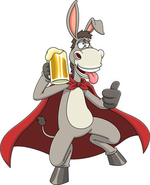 Drunk Donkey SuperHero Cartoon Character Holding A Beer And Giving The Thumbs Up. Vector Hand Drawn Illustration Isolated On Transparent Background