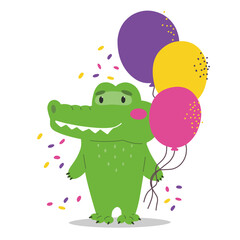 Cute crocodile with balloons, children's birthday, holiday. Cute vector animals.