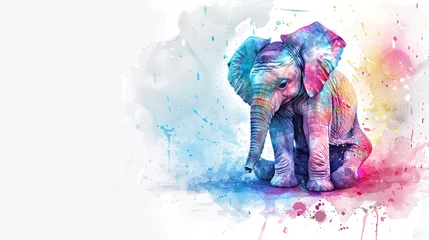Fotobehang Éléphant Kawaii : Aquarelle Colorée, Douceur Ludique Un éléphant dans un style kawaii prend vie à travers des aquarelles colorées. L'innocence et la couleur se rencontrent. © Max