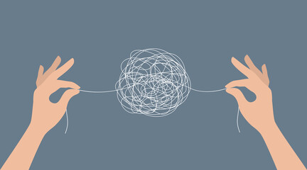 Two hands untangling a ball of thread. Problem solving concept. Flat vector illustration - obrazy, fototapety, plakaty