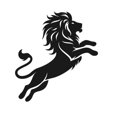 Black silhouette of a jumping lion on a white background, vector illustration