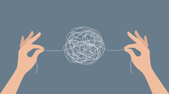 Two hands untangling a ball of thread. Problem solving concept. Flat vector illustration
