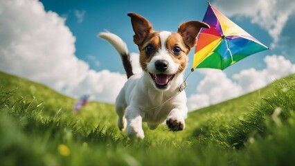 jack russell terrier playing in the grass An exuberant Jack Russell puppy chasing after a colorful kite on a lush green hill, 