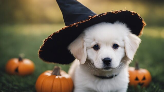 jack russell terrier with pumpkin Cute puppy wearing a Halloween witch hat 