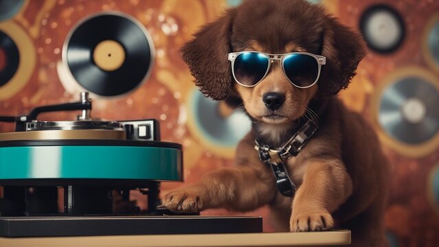 dog with headphones A grooving puppy wearing a tiny afro wig and sunglasses, standing on a retro vinyl record player,  