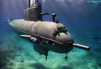 Military submarine diving underwater