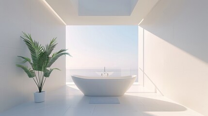 Fototapeta na wymiar Serene White Bathroom with Central Freestanding Bathtub AI Generated.