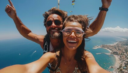 skydivers selfie take photo jump free fall from an airplane. Tandem