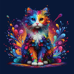 Cute sitting cat watercolor splash paint vibrant colors eps vector illustration on isolated background, Abstract digital art for logo, t-shirt design, posters, banners, greetings, sticker print design