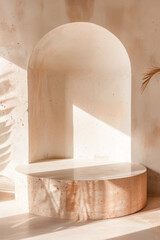 Natural concrete empty podium for product photography in beige color.