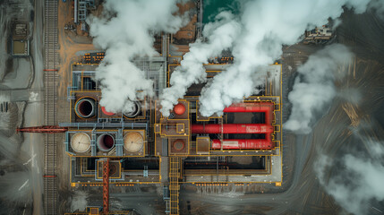 Aerial view of a factory emitting smoke, creating pollution hazard