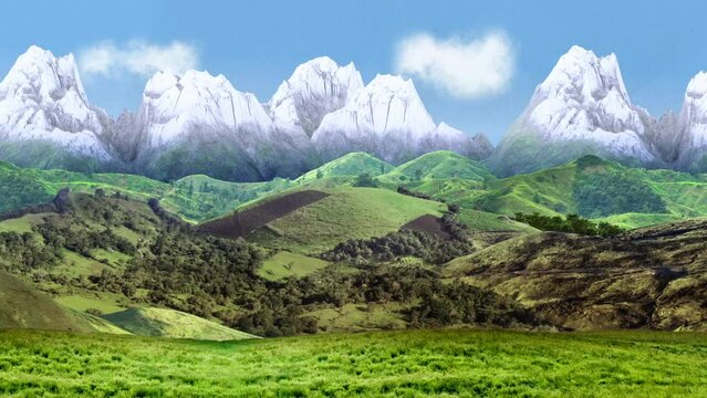 Boucle paysage vall&eacute;e verte anim&eacute; en motion design