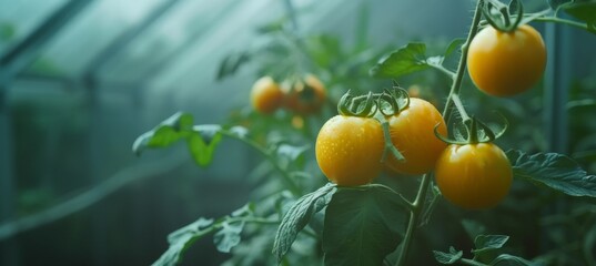Yellow tomatoes on bush in greenhouse, organic agriculture concept with space for text placement.
