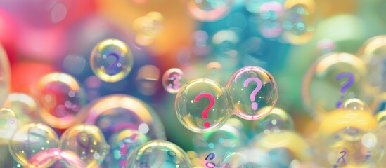 Many questions in bubbles, surrounded by question marks. - obrazy, fototapety, plakaty