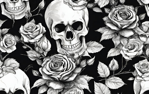 sketch black and white floral botanical flowers seamless background pattern with skull Fabric wallpaper, Black amp White Skulls and Roses Line Art