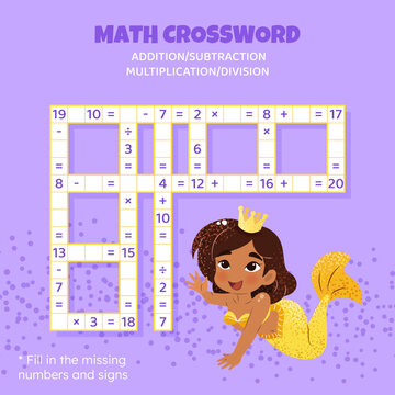 Math Crossword puzzle for children. Addition, subtraction, multiplication and division. Counting up to 20. Vector illustration. Game with cartoon cute mermaid. Task, education material for kids.