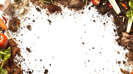 Generative AI, frame of food waste compost and soil, environmental concept, white background, biodegradable kitchen waste, composting organic food