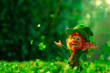 Cute cartoon Leprechaun in a garden with shamrocks falling