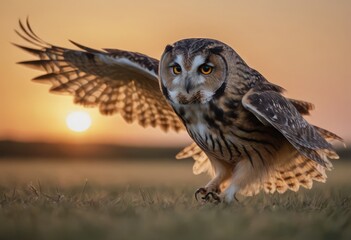 Snowy Owl foraging in the sunset steppe