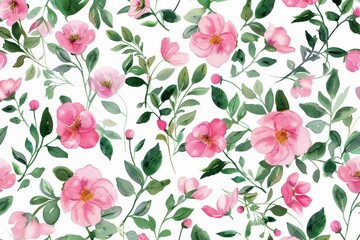 Watercolor flowers pattern, red tropical elements, white background, seamless