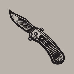 Folding knife. vintage engraving illustration, emblem, icon, logo, sketch. Black lines. 
