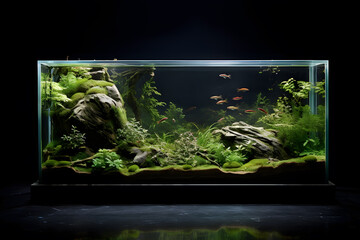 aquarium with fish, algae and corals on black background