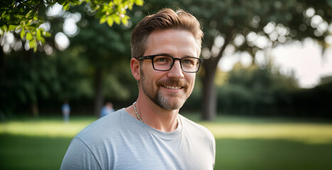 Portrait of a caucasian sporty male outdoor, confident smile. Blurred park and people in background. Lifestyle concept - obrazy, fototapety, plakaty