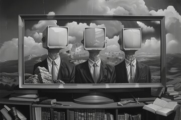 three men with their faces turned into televisions