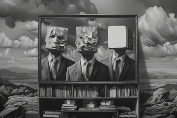 Fototapeta na wymiar three men with their faces turned into televisions