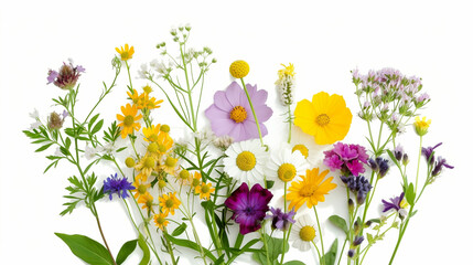 All kind of wild flowers on white background. Diverse colorful field flora.