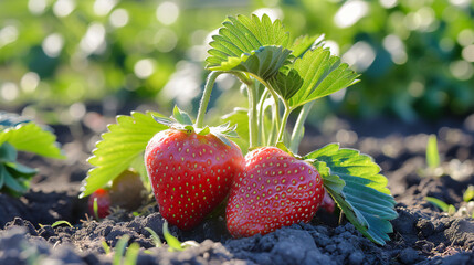 Lush Strawberry Plantation, Close-up of Ripe Berries in Summer, Concept of Organic Farming and Freshness in Agriculture