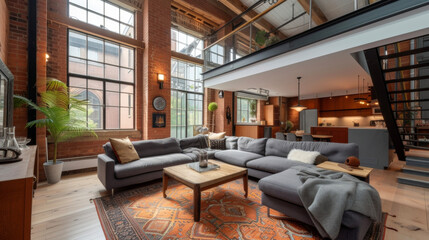 Originally a factory during the Industrial Revolution this converted loft now serves as a stunning example of heritage conservation blending old world charm with contemporary - obrazy, fototapety, plakaty