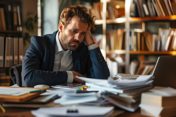 End-of-Day Fatigue, Disheartened Businessman Amidst Office Paperwork - obrazy, fototapety, plakaty