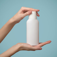 A woman's hands holds a white bottle of shampoo. Template blank copyspace. Blue background. - 738246714