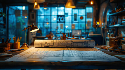 Blueprint details in sharp focus, deep indigo tone, on a modern architect's desk, exuding a focused and detailed atmosphere with high-definition clarity.generative ai - obrazy, fototapety, plakaty