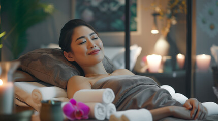 Relaxed Asian woman lying on massage table, receiving body massage, enjoying Thai spa in salon - obrazy, fototapety, plakaty