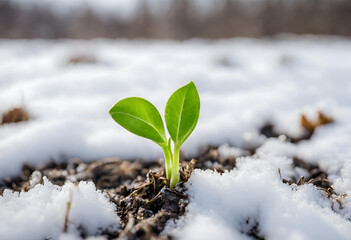 Young green sprout emerging from snowy frozen ground announcing of winter end beginning of spring season