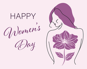 Happy Women's day 8 March card. Abstract portrait of woman with color head and flower. Continuous one line drawing. Vector illustration.