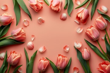 Pink tulips and petals create a circle on peach color background