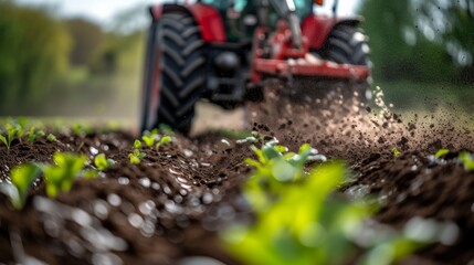 sustainable farming in focus: tractor nurtures crops with precise fertilizer application