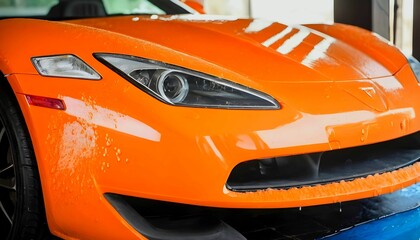 Professional Car Wash orange Sportscar with Shampoo close-up created with generative ai