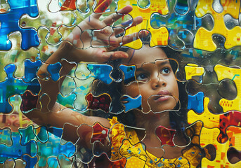 Autistic child's hand on a jigsaw puzzle background with vibrant colors. World Autism Awareness Day. AI generated