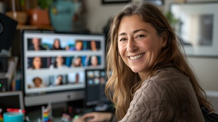 Smiling woman working in a creative home office setup with dual monitors. casual, professional, and cozy. AI