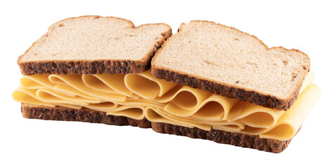 two slices of whole grain bread with seeds, positioned side by side to form a sandwich. Between them, multiple slices of cheese are neatly arranged, creating an enticing display 